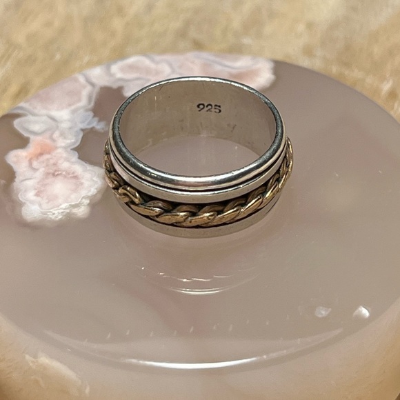 Two-tone Rope Braided 925 Sterling Silver Spinner Ring - Picture 5 of 8